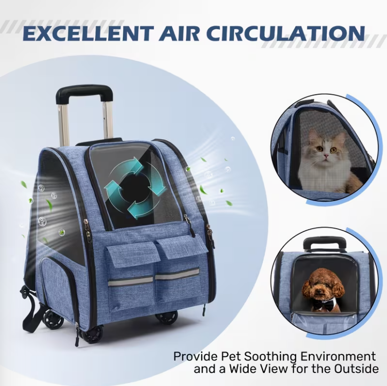 Pet rolling backpack with detachable wheels