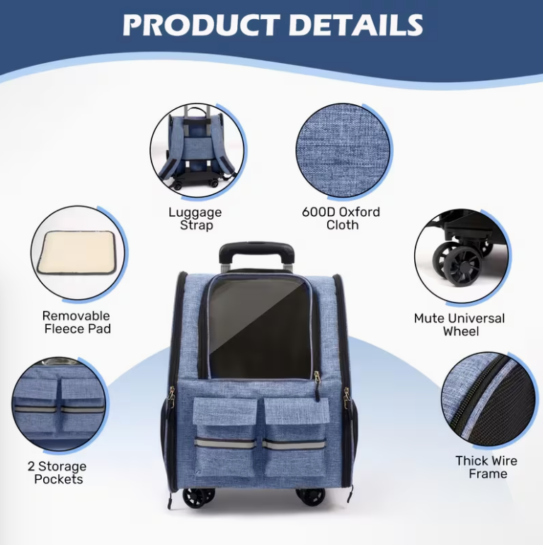 Pet rolling backpack with detachable wheels