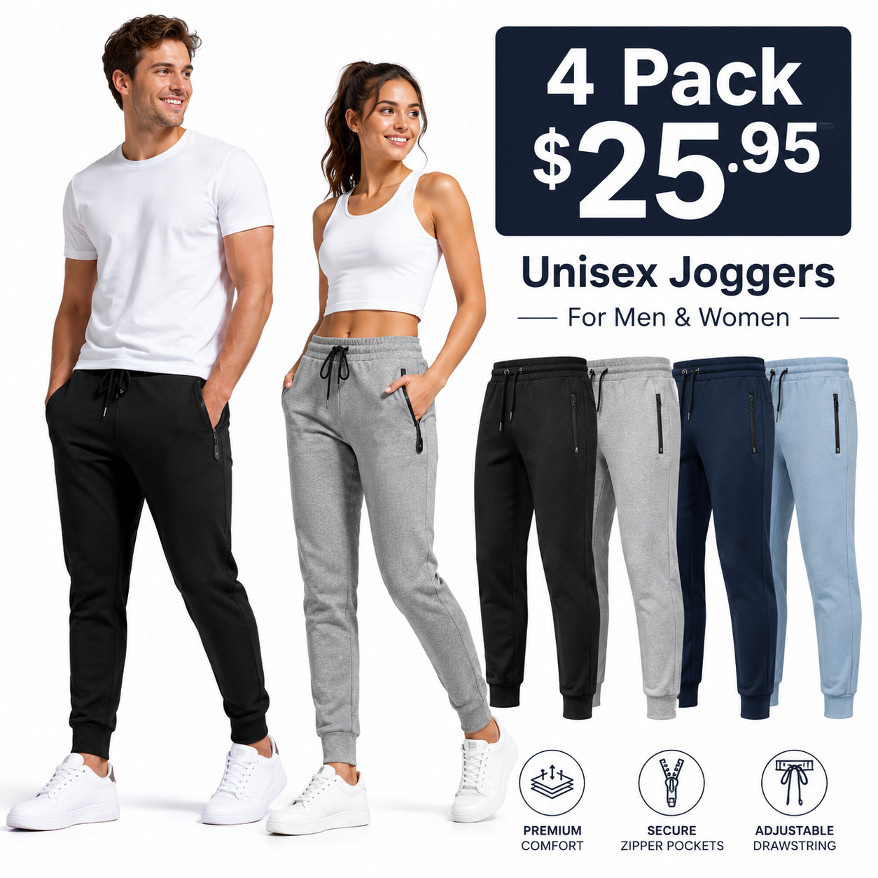 Unisex Essential Everyday Joggers with Zip Pockets