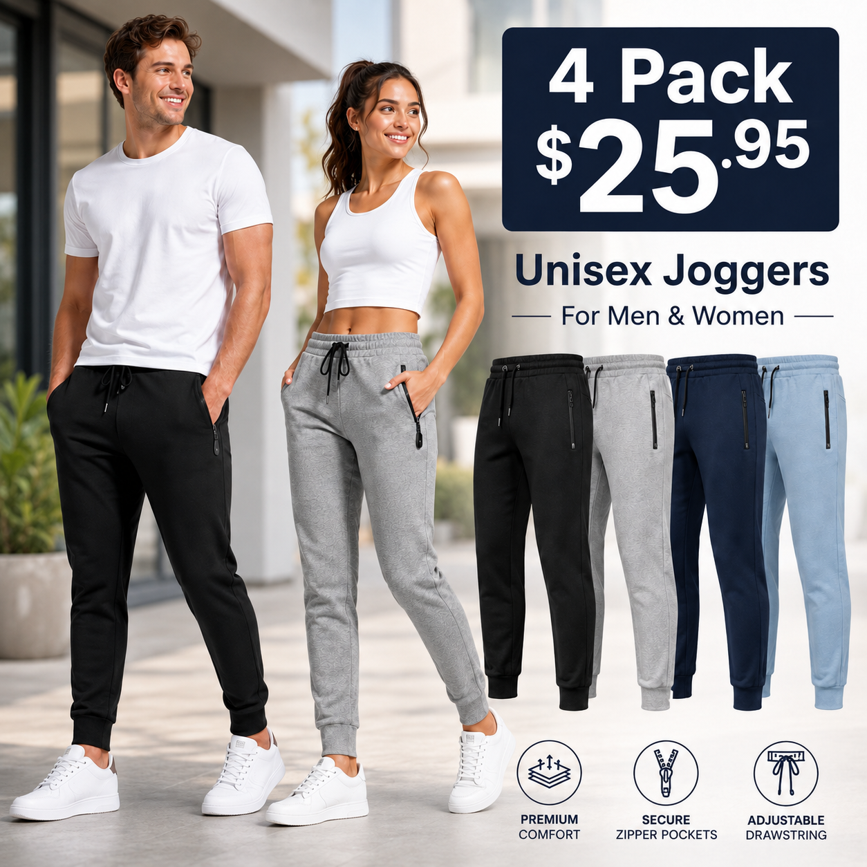 Unisex Essential Everyday Joggers with Zip Pockets