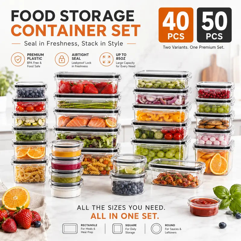 40/50 PCS Large Airtight Plastic Food Storage Containers🍽️🍽️